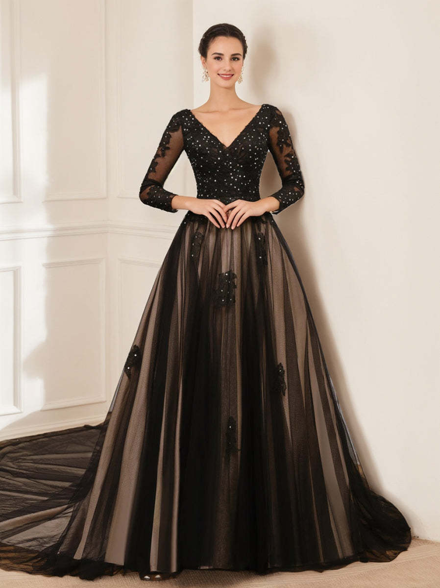 V-Neck A-Line Princess Wedding Gown with Long Sleeves, Tulle Fabric, Appliques, and Beading