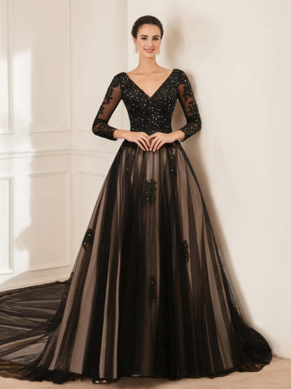 V-Neck A-Line Princess Wedding Gown with Long Sleeves, Tulle Fabric, Appliques, and Beading