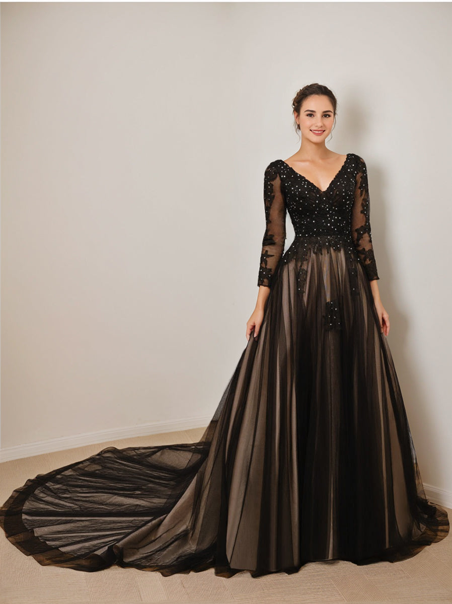 V-Neck A-Line Princess Wedding Gown with Long Sleeves, Tulle Fabric, Appliques, and Beading