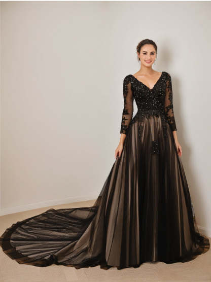 V-Neck A-Line Princess Wedding Gown with Long Sleeves, Tulle Fabric, Appliques, and Beading