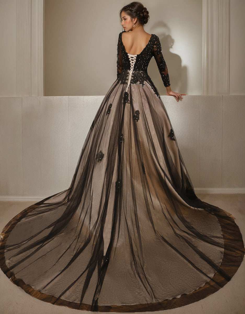 V-Neck A-Line Princess Wedding Gown with Long Sleeves, Tulle Fabric, Appliques, and Beading