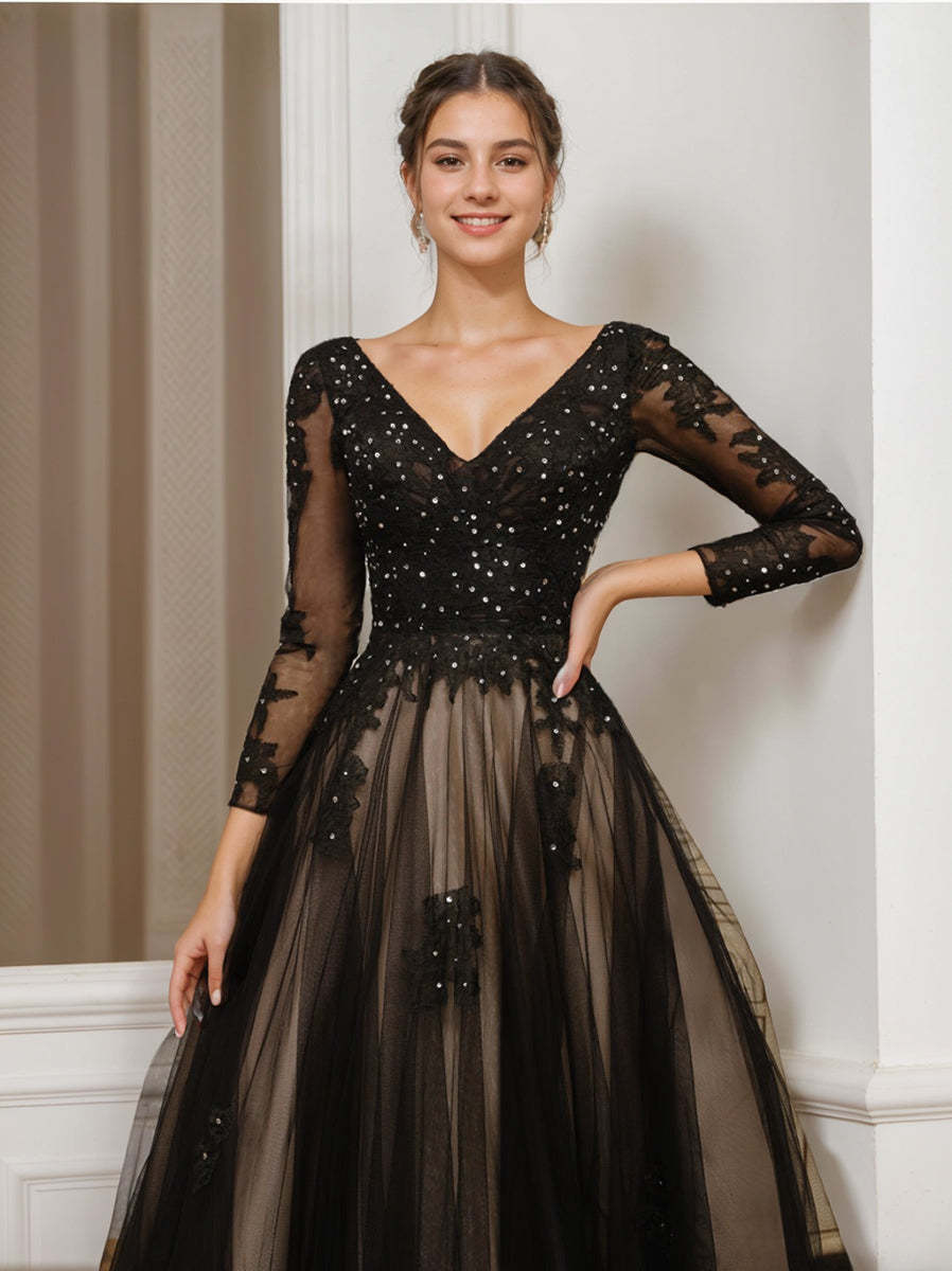 V-Neck A-Line Princess Wedding Gown with Long Sleeves, Tulle Fabric, Appliques, and Beading