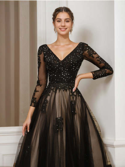 V-Neck A-Line Princess Wedding Gown with Long Sleeves, Tulle Fabric, Appliques, and Beading