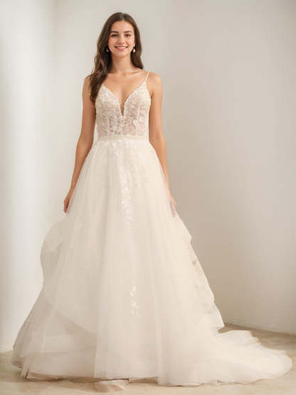 Sleeveless Tulle Ball Gown Wedding Dress with Spaghetti Straps, Appliques & Beading