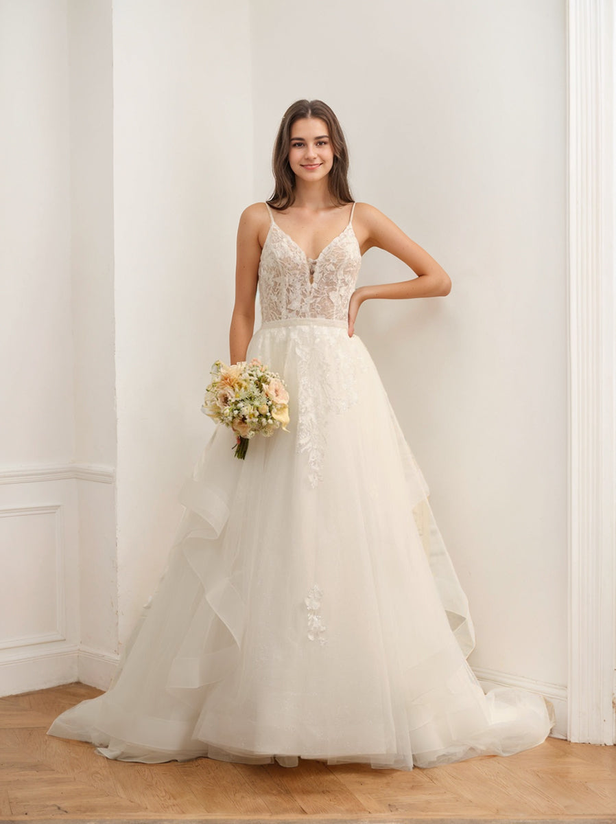 Sleeveless Tulle Ball Gown Wedding Dress with Spaghetti Straps, Appliques & Beading