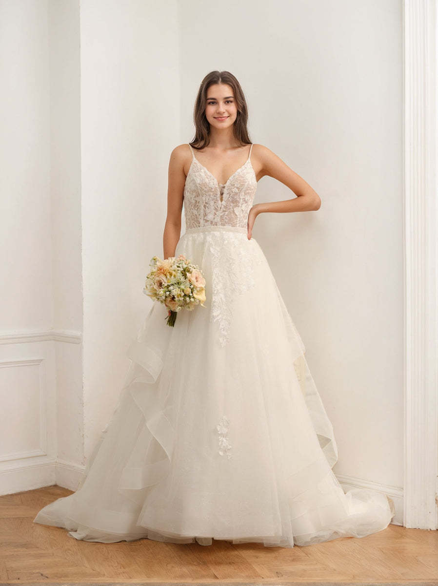 Sleeveless Tulle Ball Gown Wedding Dress with Spaghetti Straps, Appliques & Beading