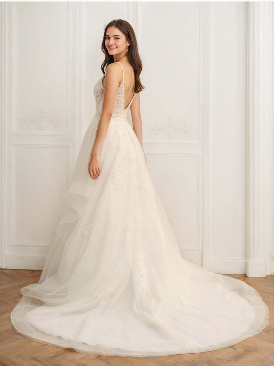 Sleeveless Tulle Ball Gown Wedding Dress with Spaghetti Straps, Appliques & Beading