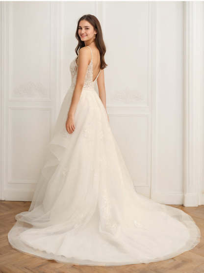Sleeveless Tulle Ball Gown Wedding Dress with Spaghetti Straps, Appliques & Beading