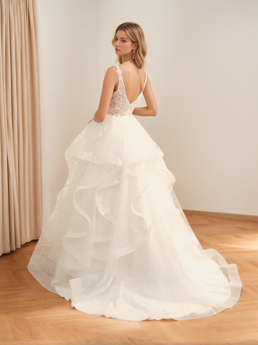 Ivory Tulle V-Neck Sleeveless Ball Gown Wedding Dresses Featuring Lace Appliques