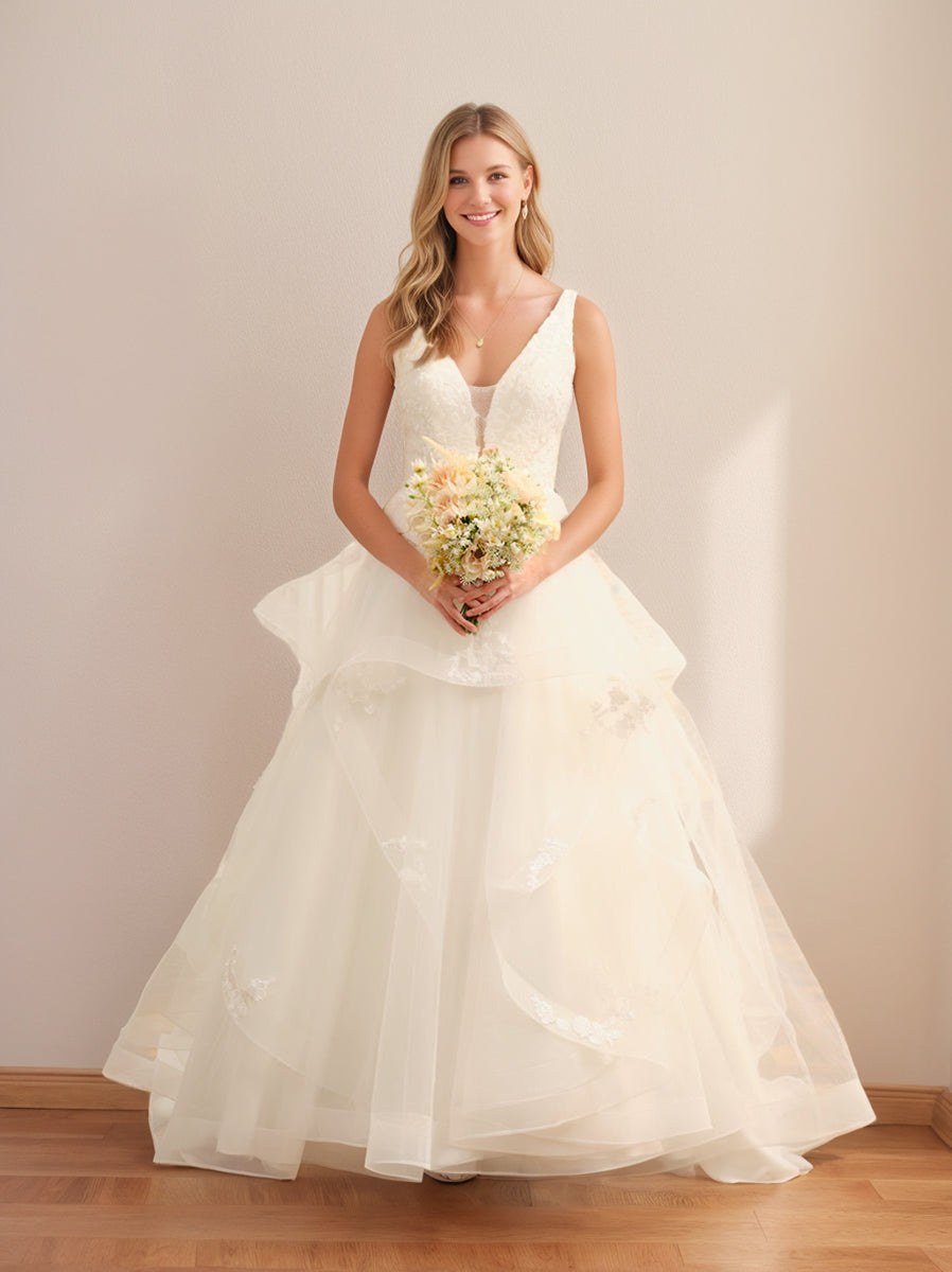 Ivory Tulle V-Neck Sleeveless Ball Gown Wedding Dresses Featuring Lace Appliques