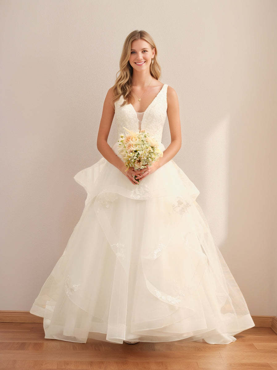 Ivory Tulle V-Neck Sleeveless Ball Gown Wedding Dresses Featuring Lace Appliques