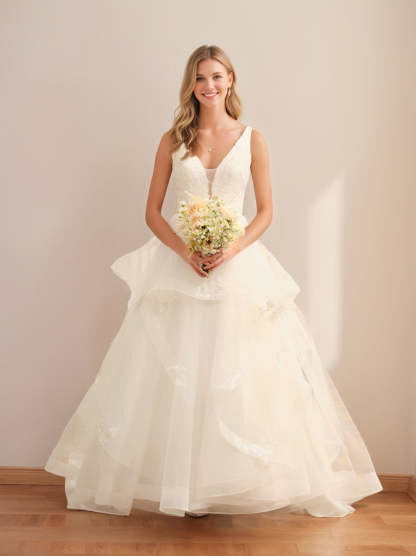 Ivory Tulle V-Neck Sleeveless Ball Gown Wedding Dresses Featuring Lace Appliques