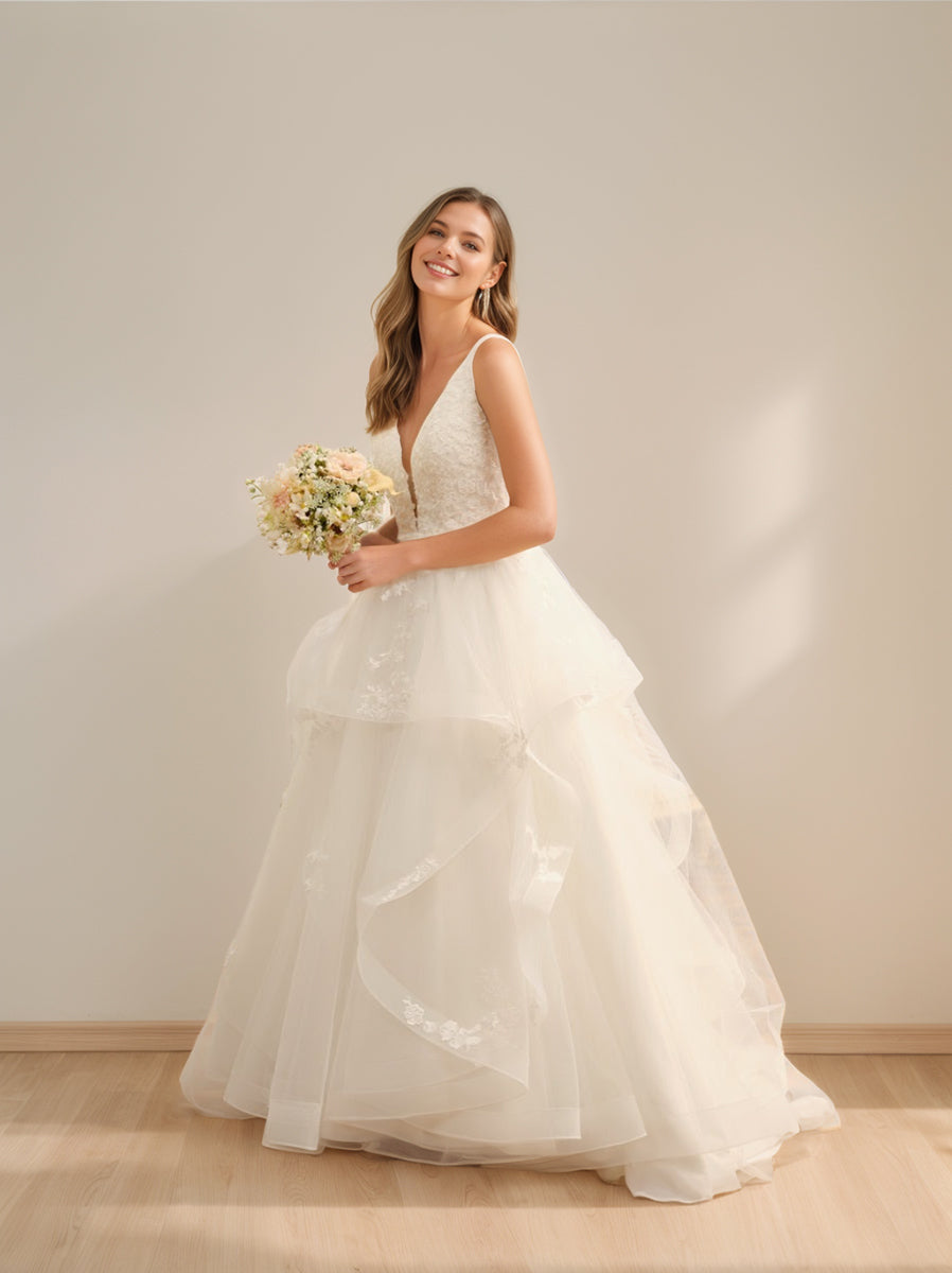 Ivory Tulle V-Neck Sleeveless Ball Gown Wedding Dresses Featuring Lace Appliques