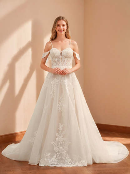 Off-the-Shoulder Sleeveless Long Tulle Ball Gown Wedding Dress with Lace Appliques