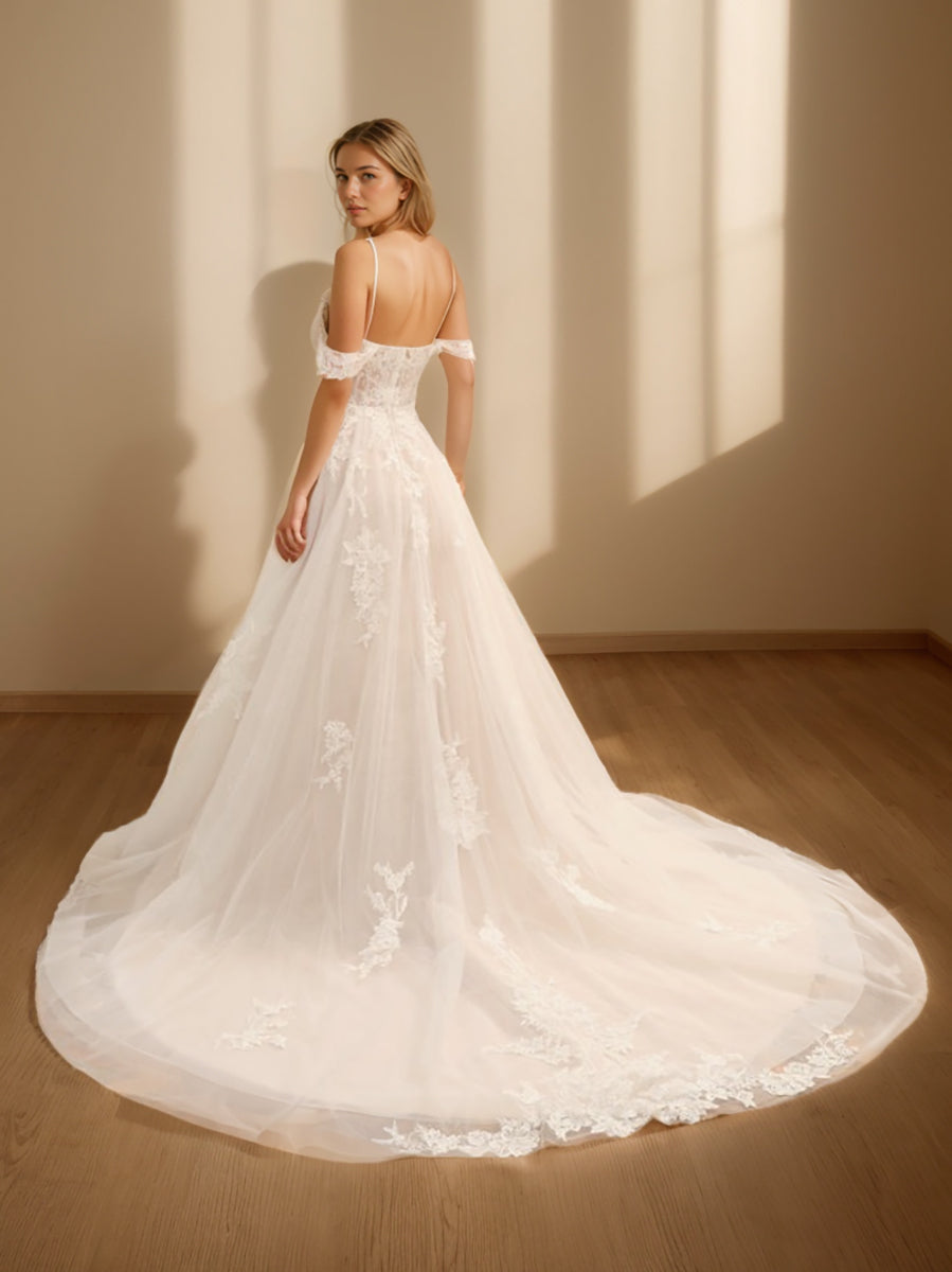 Off-the-Shoulder Sleeveless Long Tulle Ball Gown Wedding Dress with Lace Appliques