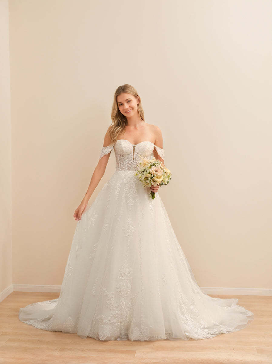 Off-the-Shoulder Sleeveless Long Tulle Ball Gown Wedding Dress with Lace Appliques