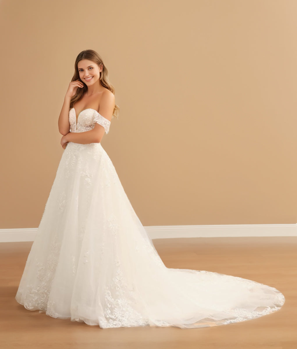 Off-the-Shoulder Sleeveless Long Tulle Ball Gown Wedding Dress with Lace Appliques