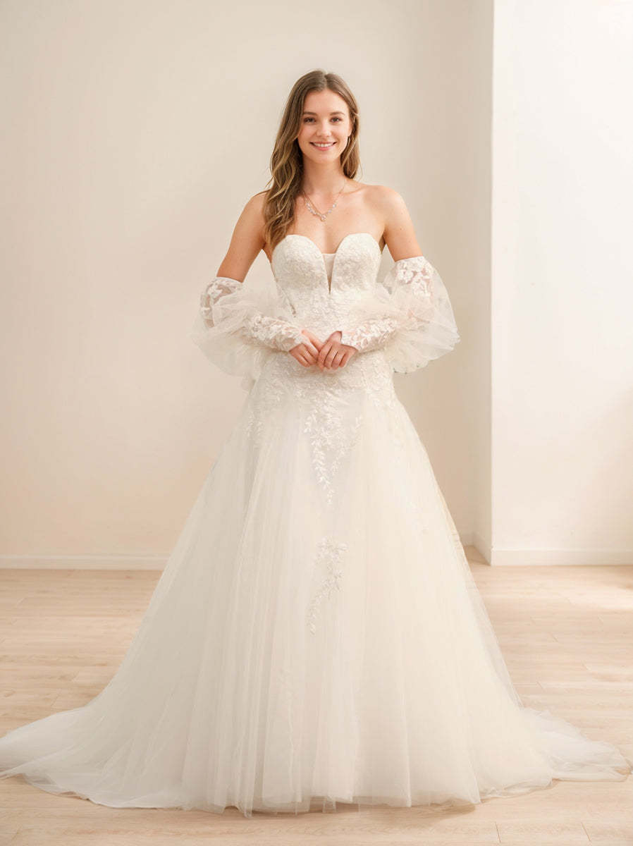 Sweetheart Princess A-Line Wedding Gown with Long Appliques