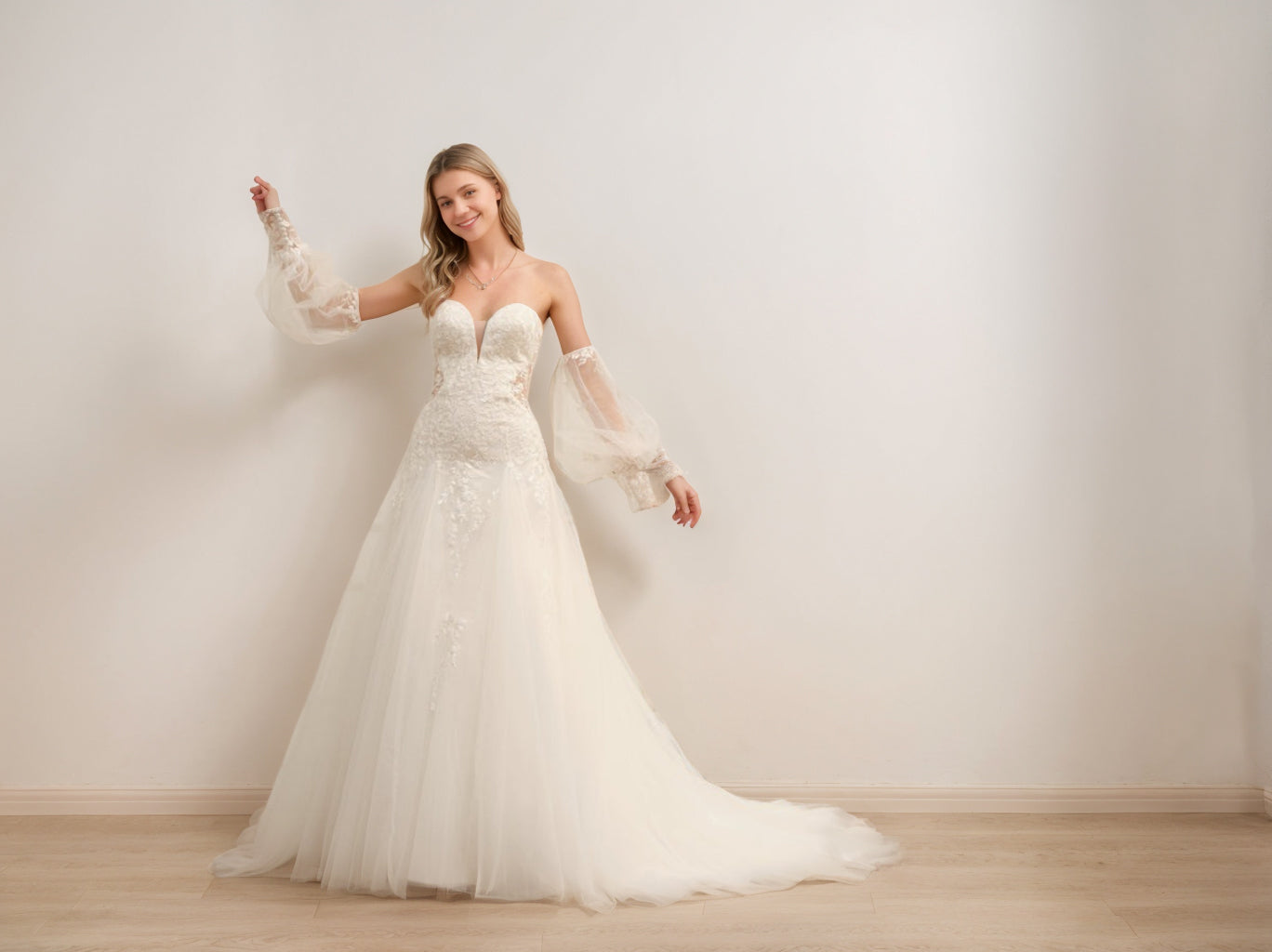 Sweetheart Princess A-Line Wedding Gown with Long Appliques