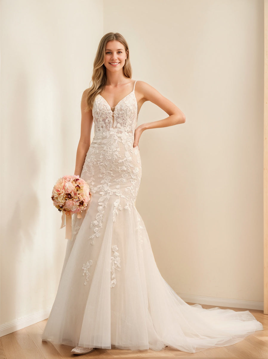 Long Tulle Wedding Dresses with Lace Appliques and Trumpet/Mermaid Spaghetti Straps