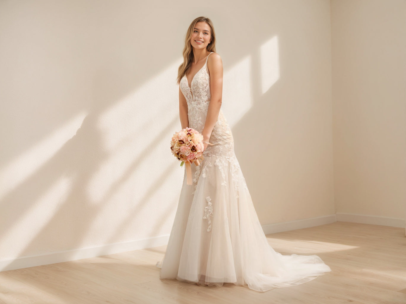 Long Tulle Wedding Dresses with Lace Appliques and Trumpet/Mermaid Spaghetti Straps