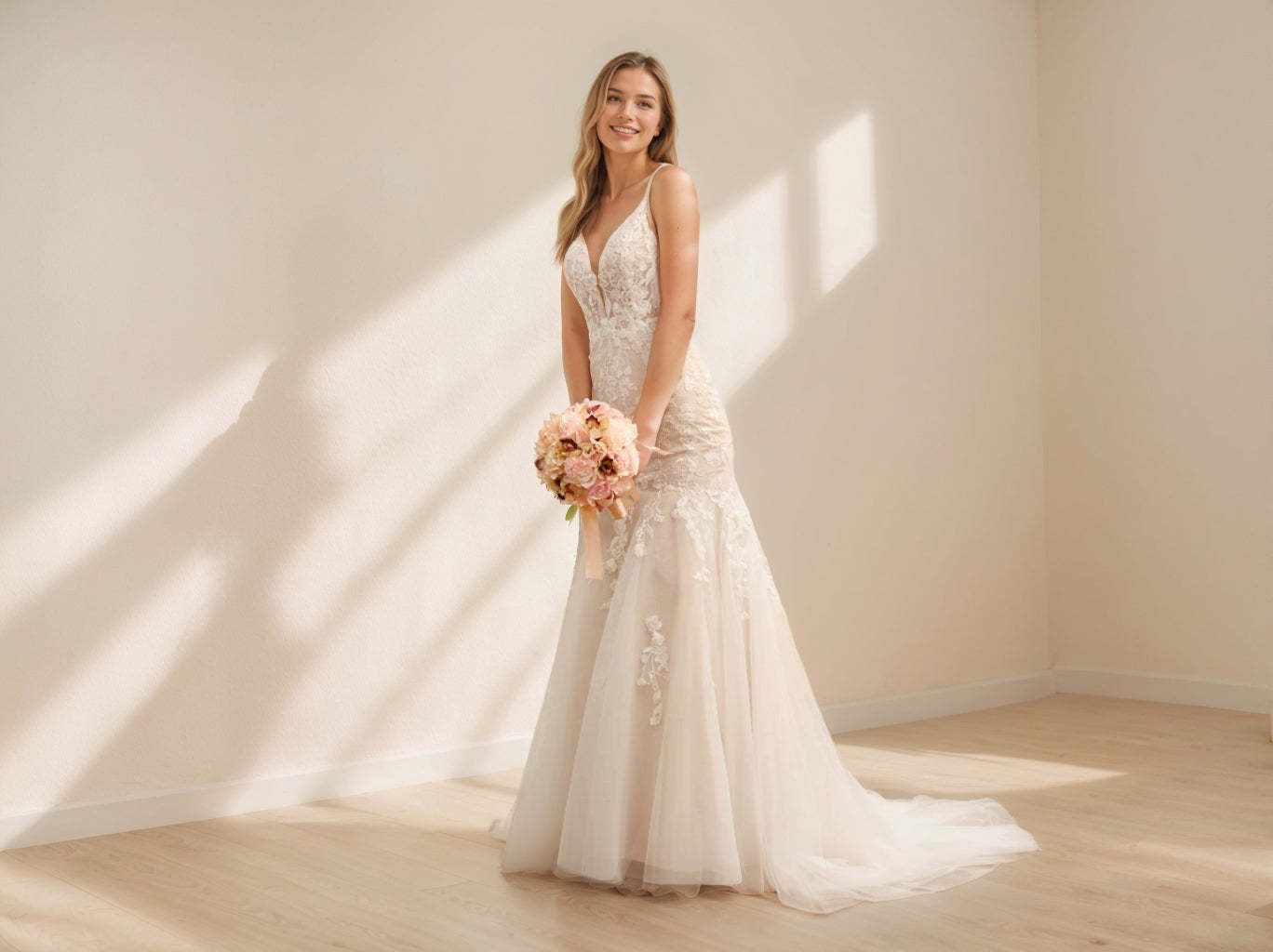 Long Tulle Wedding Dresses with Lace Appliques and Trumpet/Mermaid Spaghetti Straps