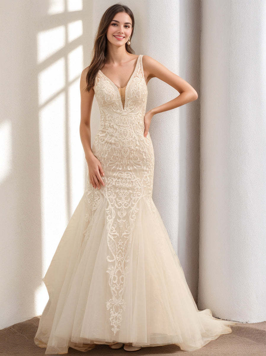 V-Neck Sleeveless Tulle Wedding Dresses with Appliques in Trumpet/Mermaid Styles