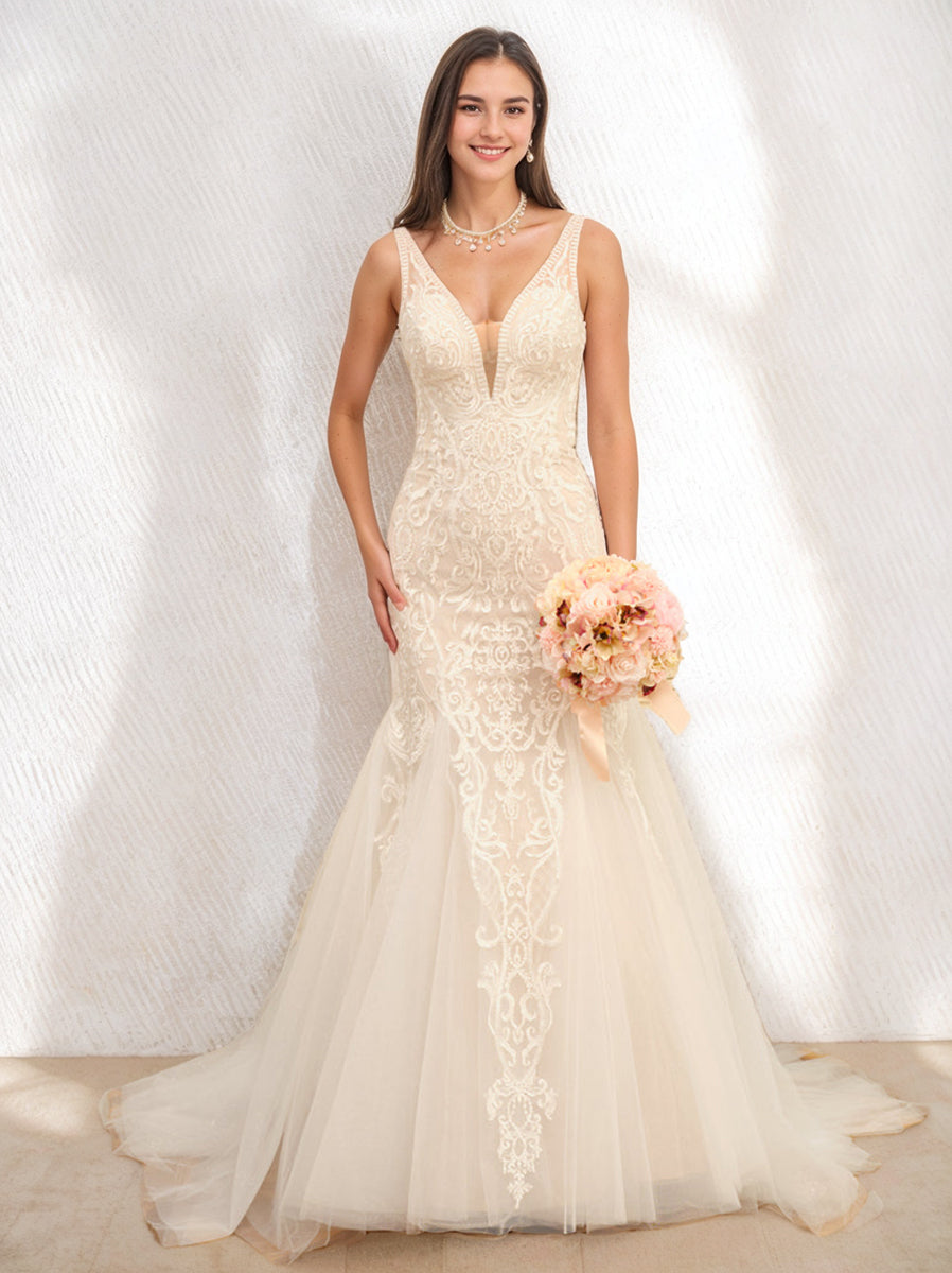 V-Neck Sleeveless Tulle Wedding Dresses with Appliques in Trumpet/Mermaid Styles