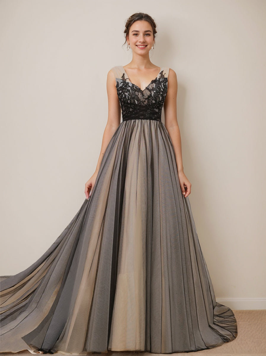 Sleeveless V-Neck Tulle Ball Gown Wedding Dress with Appliques and Beading