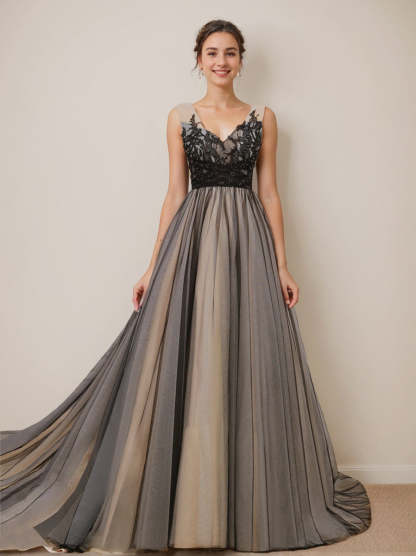 Sleeveless V-Neck Tulle Ball Gown Wedding Dress with Appliques and Beading