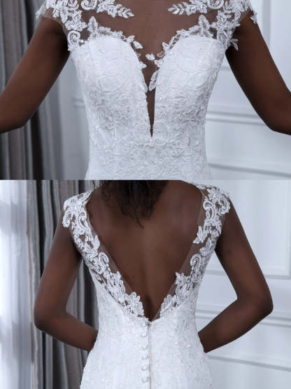 Sleeveless Mermaid Wedding Dresses in Sheer Tulle with Lace Appliques