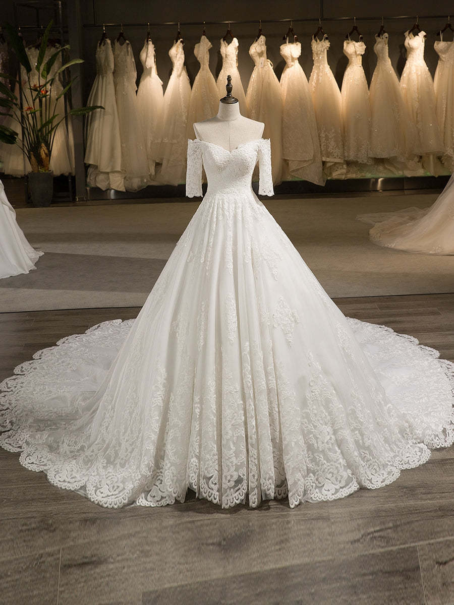Off-the-Shoulder A-Line Princess Wedding Dresses in Tulle with Half Sleeves and Lace Appliques