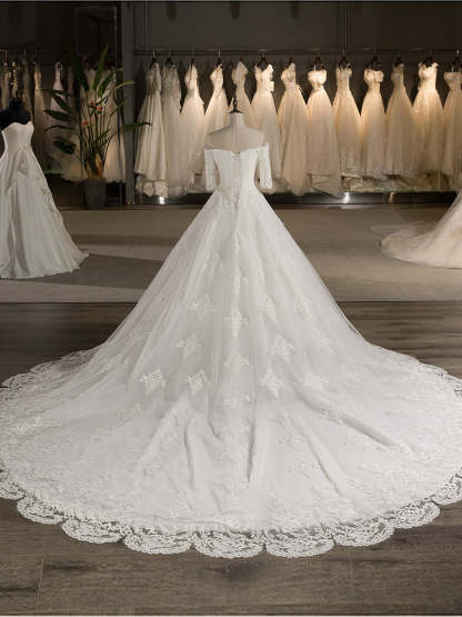 Off-the-Shoulder A-Line Princess Wedding Dresses in Tulle with Half Sleeves and Lace Appliques