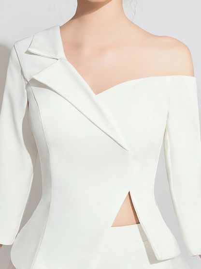 Elegant White Tulle Wedding Pant Suit with One-Shoulder 3/4 Sleeves