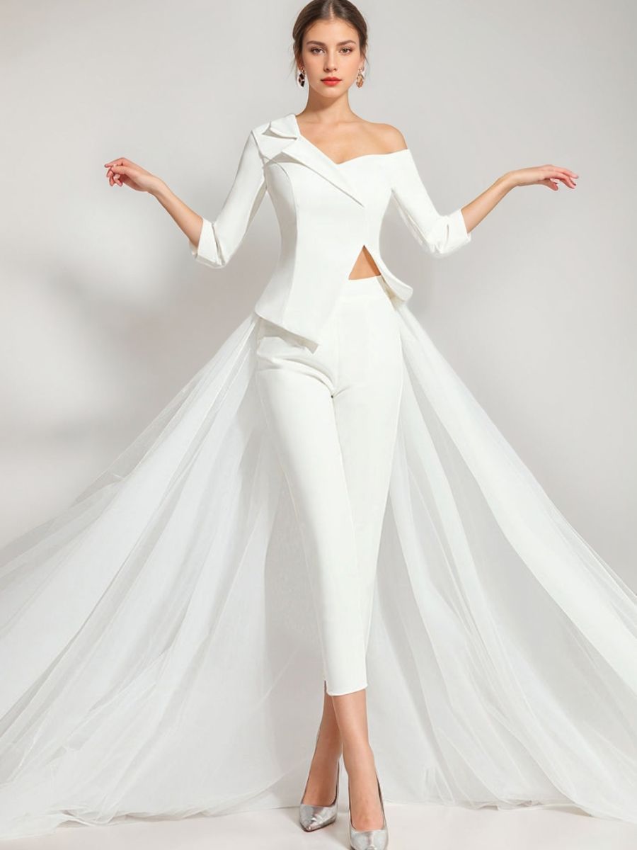 Elegant White Tulle Wedding Pant Suit with One-Shoulder 3/4 Sleeves