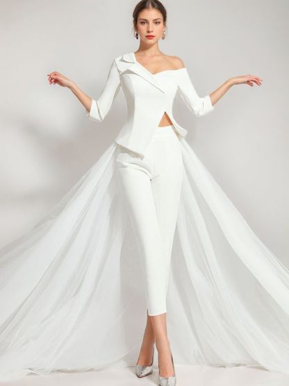 Elegant White Tulle Wedding Pant Suit with One-Shoulder 3/4 Sleeves