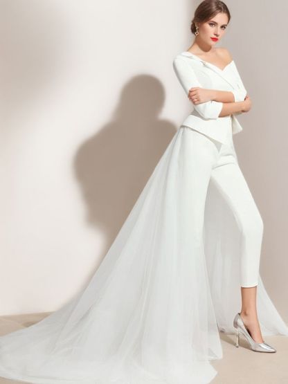 Elegant White Tulle Wedding Pant Suit with One-Shoulder 3/4 Sleeves