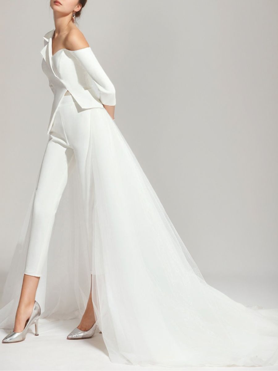 Elegant White Tulle Wedding Pant Suit with One-Shoulder 3/4 Sleeves