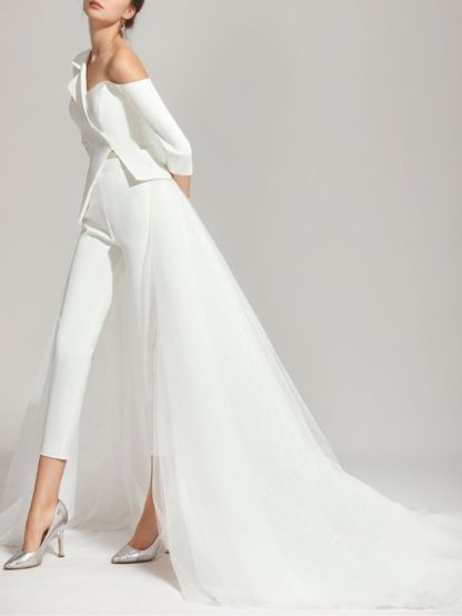 Elegant White Tulle Wedding Pant Suit with One-Shoulder 3/4 Sleeves