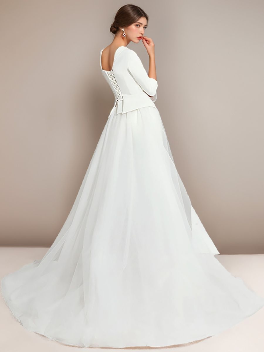 Elegant White Tulle Wedding Pant Suit with One-Shoulder 3/4 Sleeves