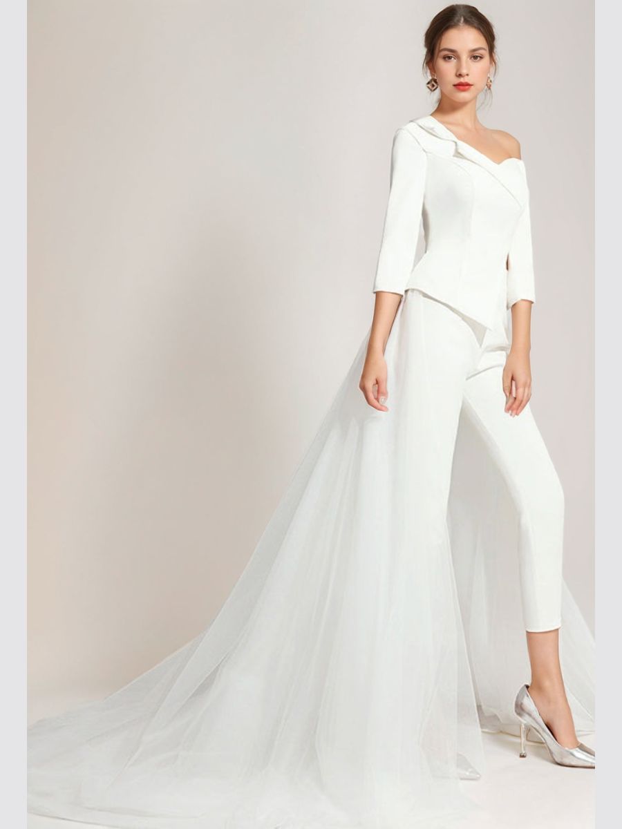 Elegant White Tulle Wedding Pant Suit with One-Shoulder 3/4 Sleeves