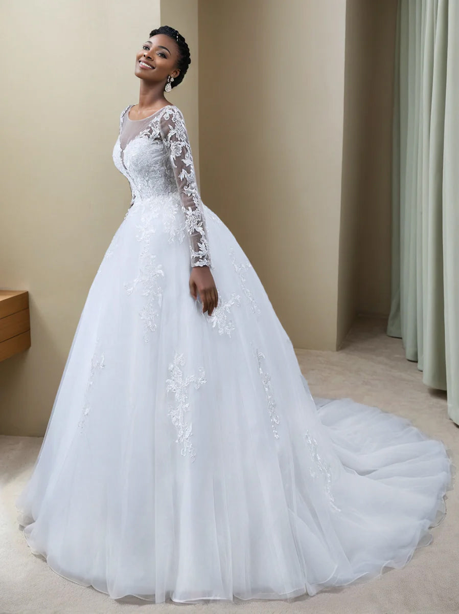 Long-Sleeve A-Line Wedding Dress in Sheer Tulle with Lace Appliques