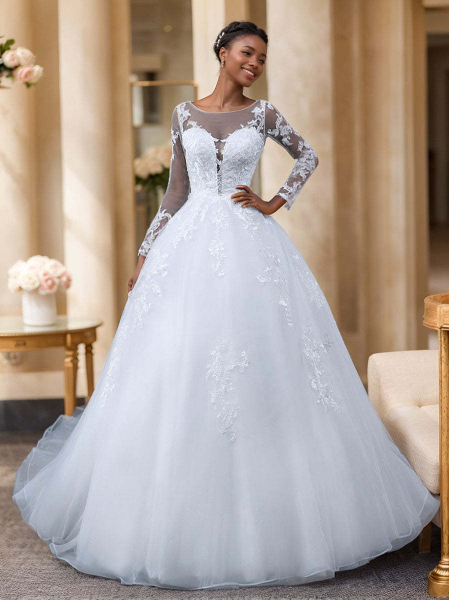 Long-Sleeve A-Line Wedding Dress in Sheer Tulle with Lace Appliques