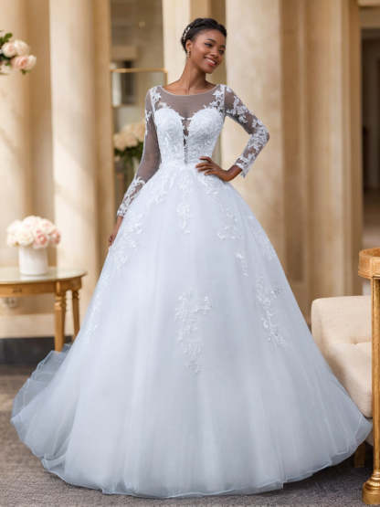 Long-Sleeve A-Line Wedding Dress in Sheer Tulle with Lace Appliques