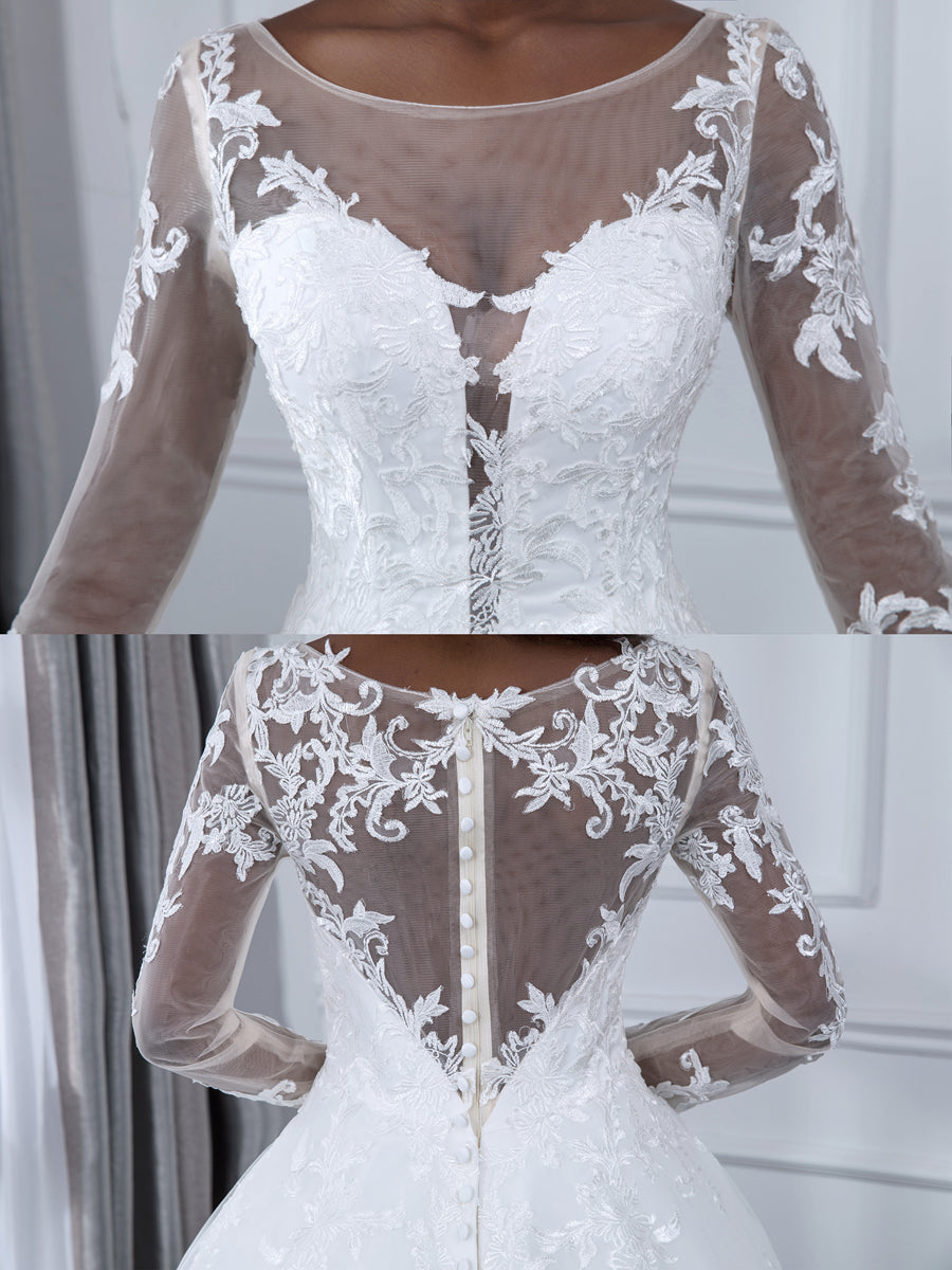 Long-Sleeve A-Line Wedding Dress in Sheer Tulle with Lace Appliques