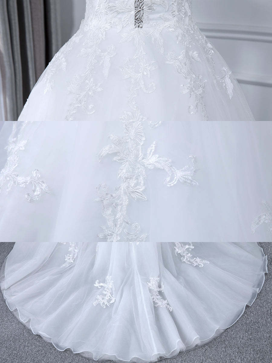 Long-Sleeve A-Line Wedding Dress in Sheer Tulle with Lace Appliques