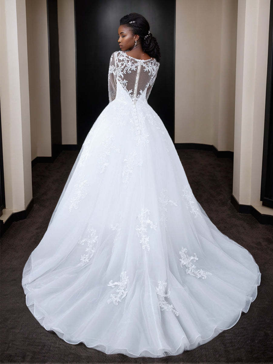 Long-Sleeve A-Line Wedding Dress in Sheer Tulle with Lace Appliques