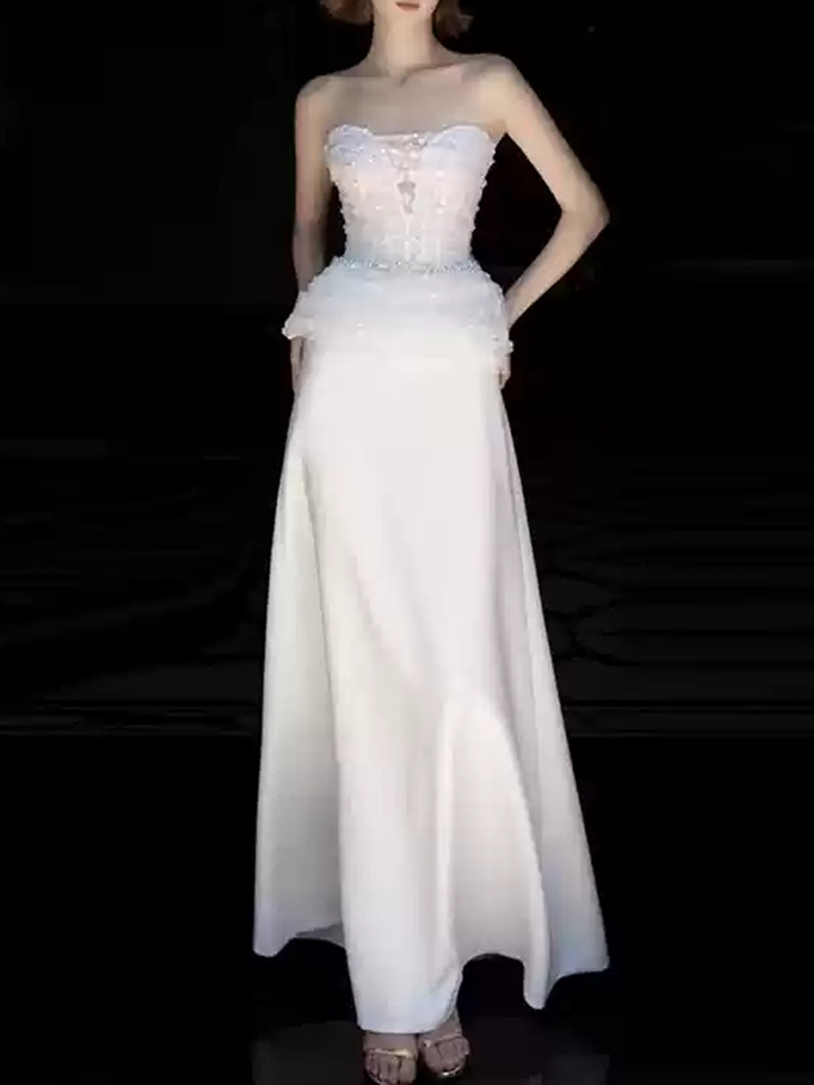 White Strapless Sleeveless A-Line Wedding Dresses Featuring Lace Appliques