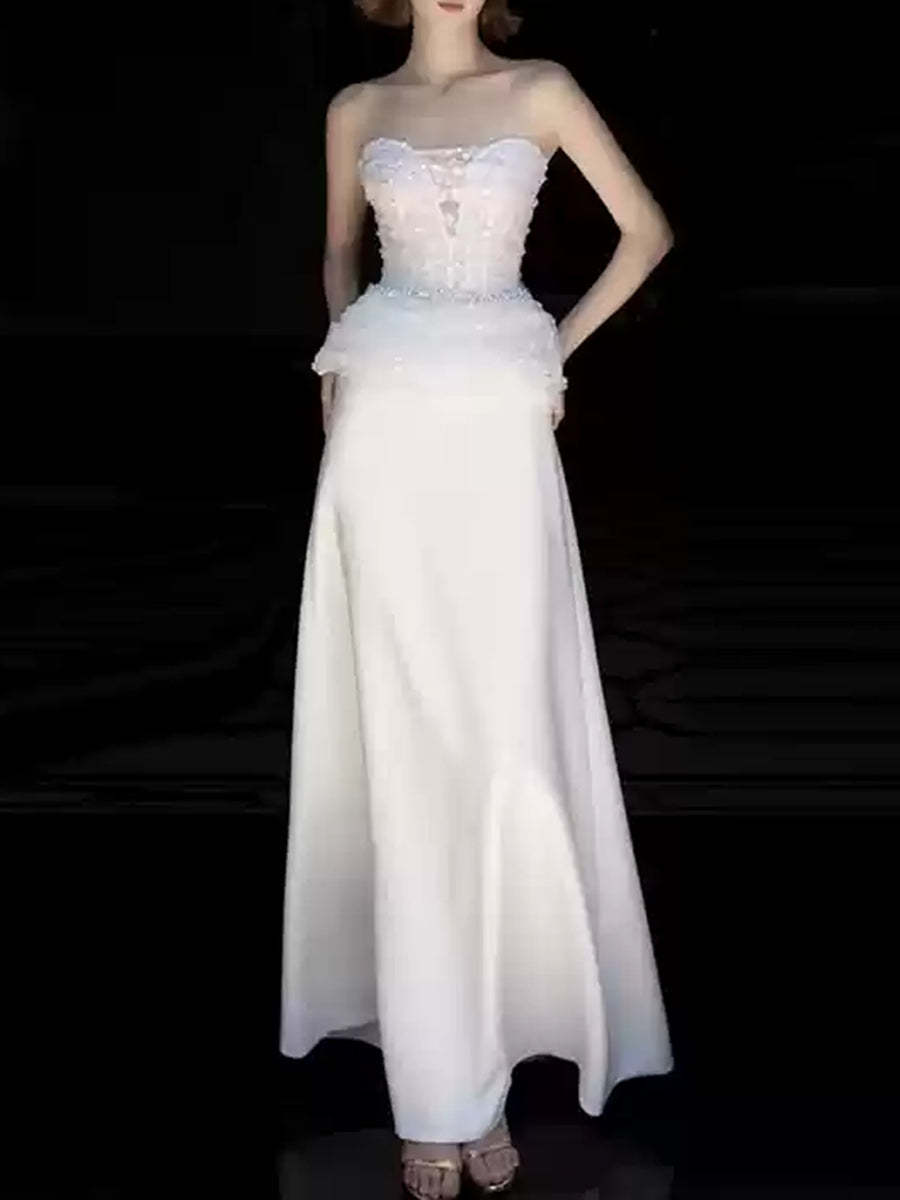 White Strapless Sleeveless A-Line Wedding Dresses Featuring Lace Appliques