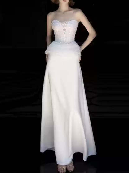 White Strapless Sleeveless A-Line Wedding Dresses Featuring Lace Appliques